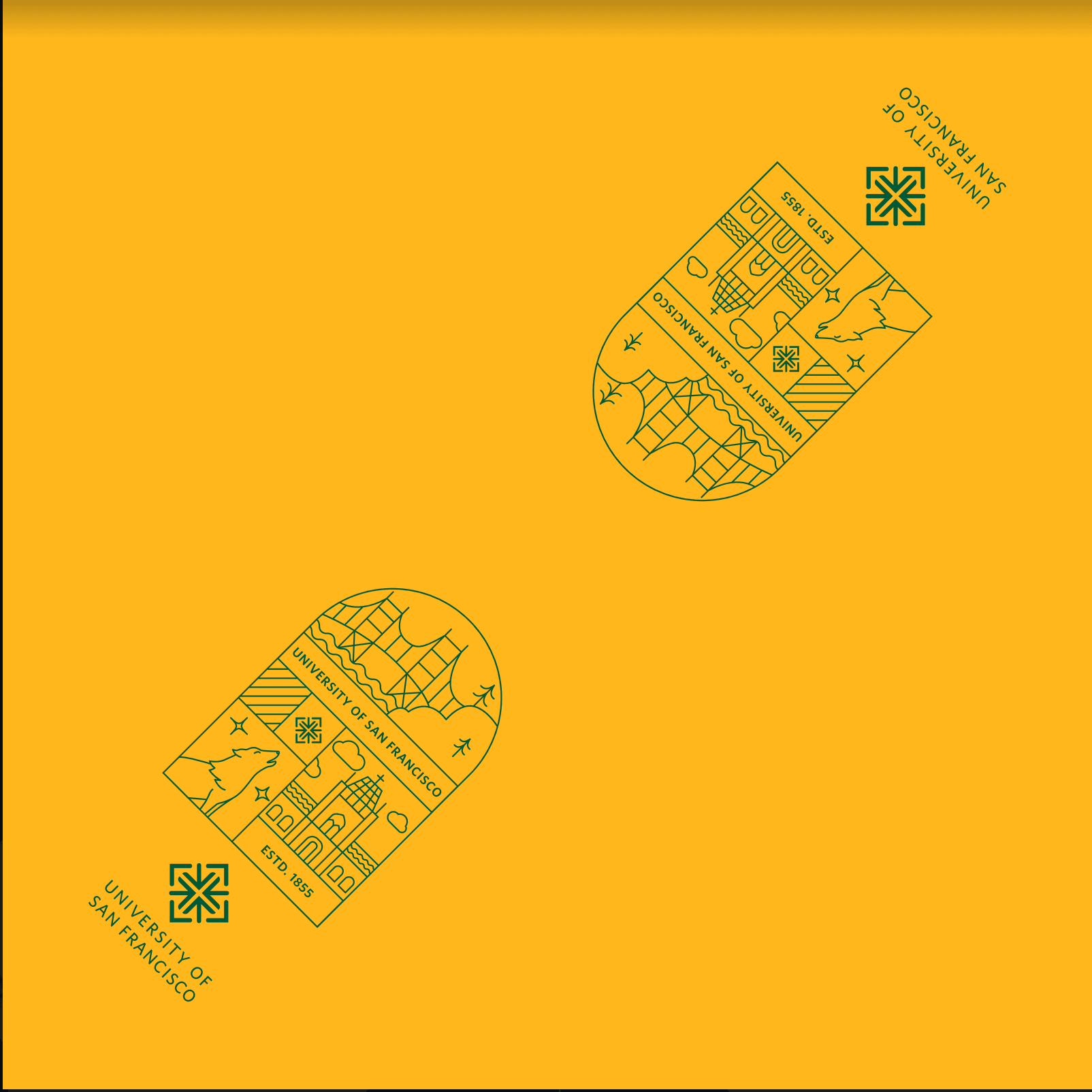 USF-branded yellow pet bandana featuring the University of San Francisco logo and illustrated campus