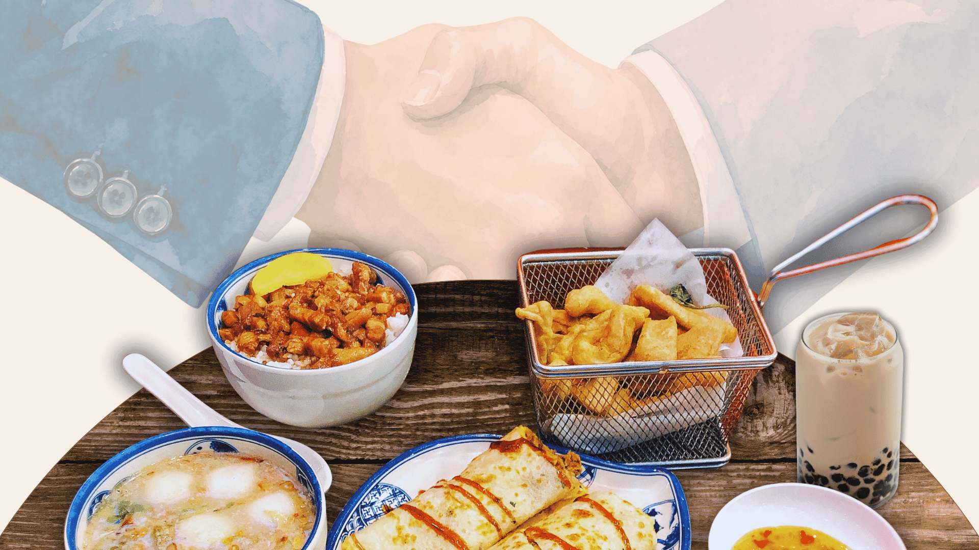 Taiwanese food in the foreground. Handshake in the background.